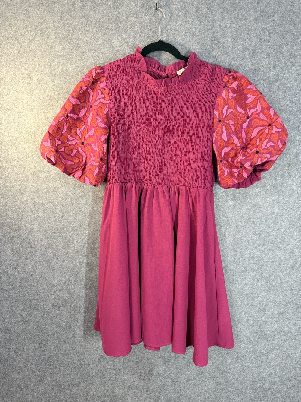 Entro Pink Magenta Mixed Floral Print Smocked Puff Sleeve Cottagecore Dress Sz L